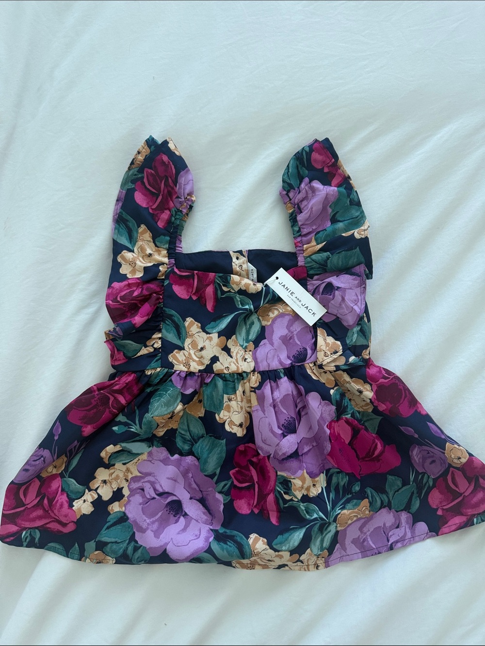 Janie and Jack Navy Floral Ruffle Tank Top with Purple and Pink Blooms